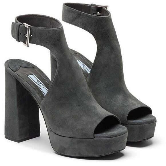 Prada Grey Suede Cutout Suede Peep Toe Platform Sandals - Picture 1 of 12